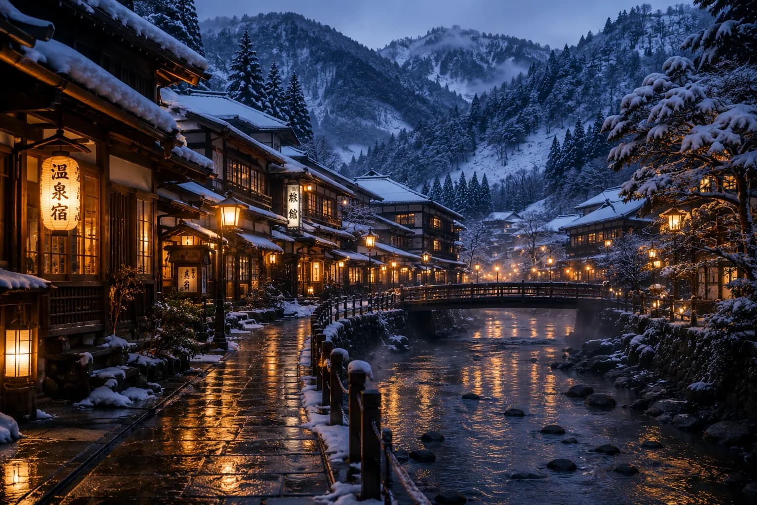 Snowy twilight path through a traditional Japanese mountain village.