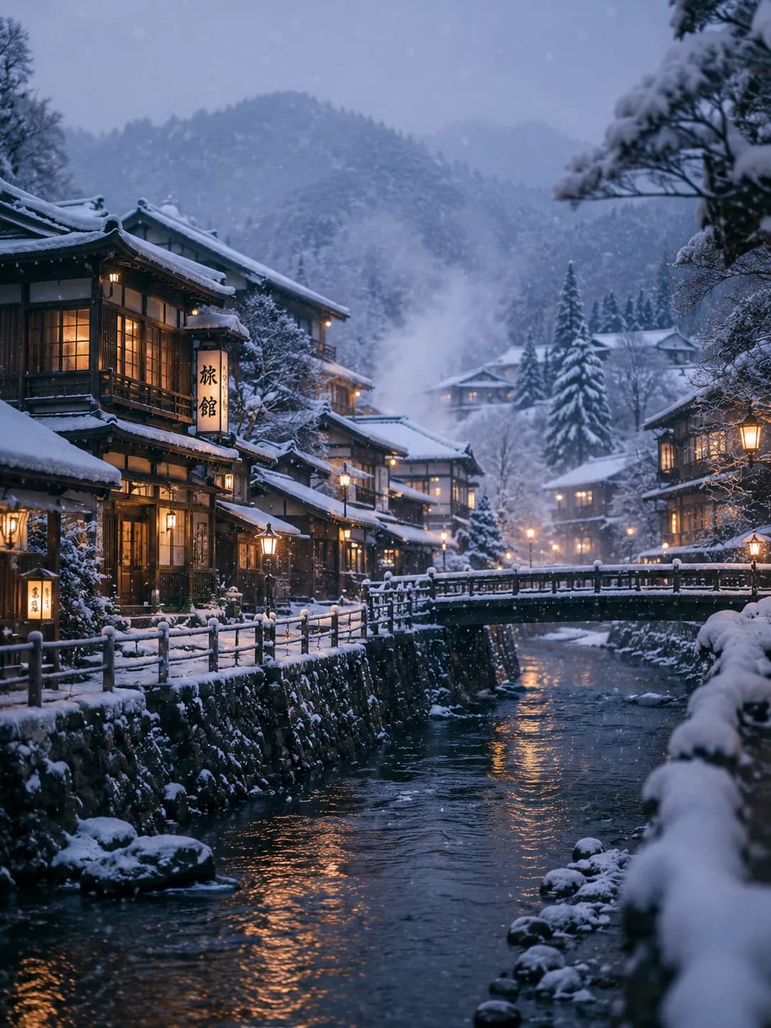 Snow-covered Japanese onsen town glowing with lanterns at dusk.